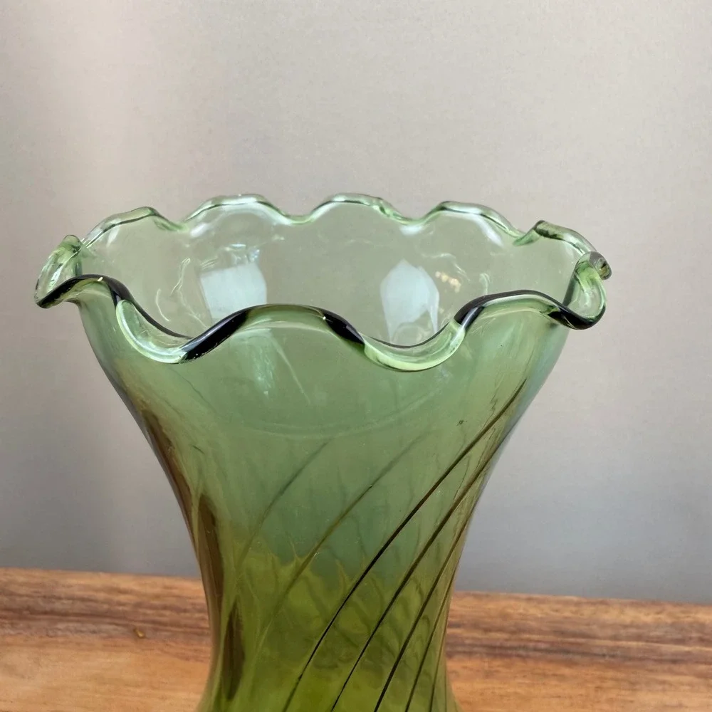 Vintage Green Spiral Optic Glass Vase Ruffled Rim Mid Century  7.5 Inch